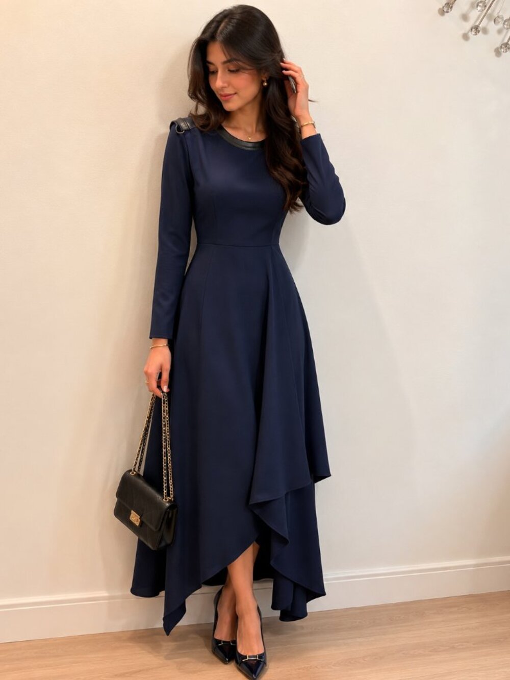 NWT Navy High- Low Long Sleeve Midi Dress/ Elegant Formal Occasion Dress